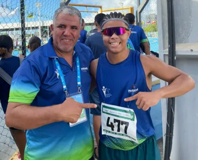 Miranda ao lado de Gabriel Barreto, recordista do campeonato nos 400 metros e pré-convocado para a Gymnasíade 2024