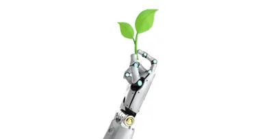 Ecology technology concept with 3d rendering robot arm with green leaves