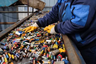 Inside a recycling facility, a worker in a blue jacket and yellow gloves is handling numerous used batteries on a metal conveyor, preparing them for the recycling process.