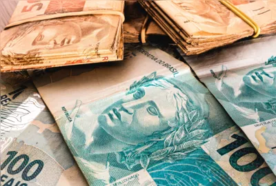 Real - Brazilian Currency. Money, Dinheiro, Real, Brasil, Brazil, Reais. A group of Real banknotes in close-up.